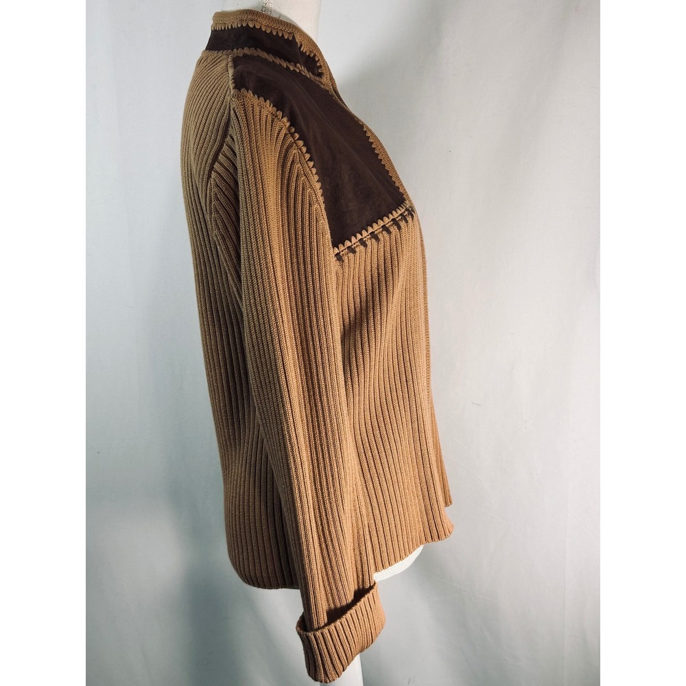Vintage Lisa Suede Knit Zip Up Cardigan Tan Brown Western Boho Y2K Jacket Large - Picture 8 of 12
